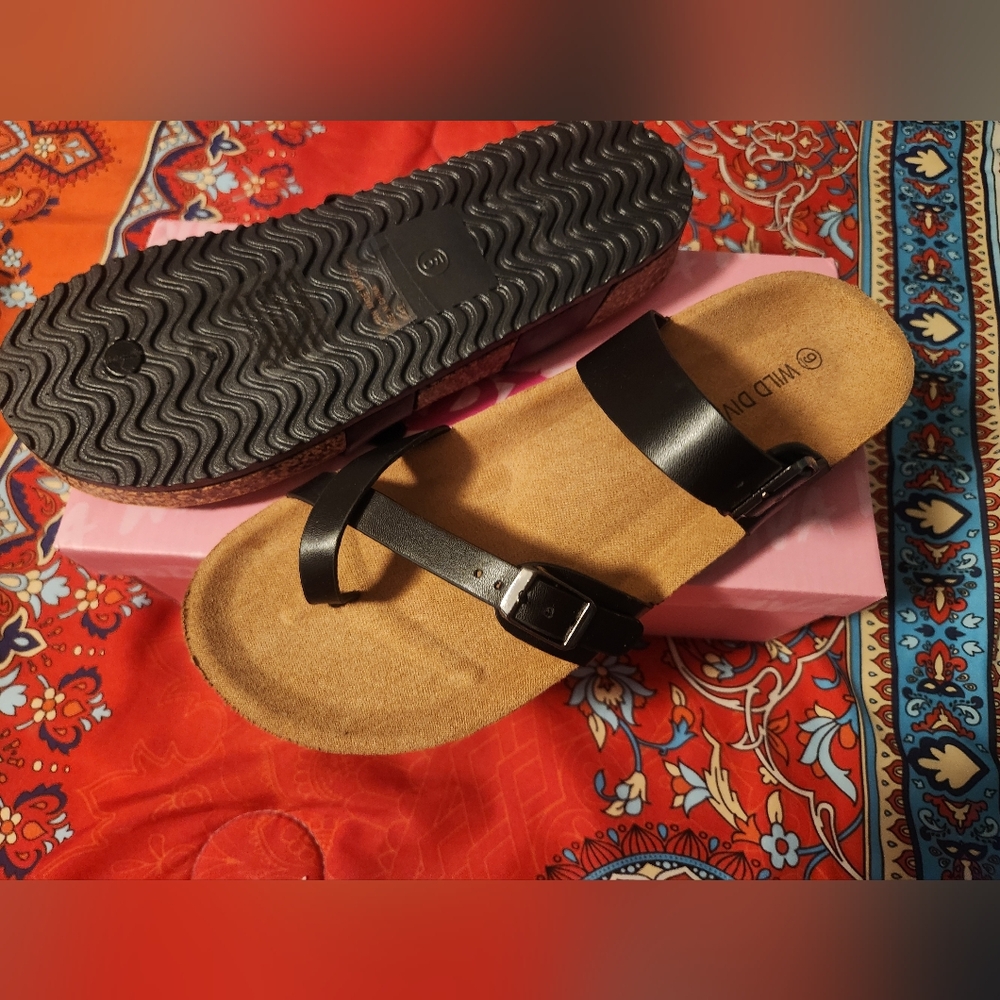Wild Diva Black Sandals with Cork Footbed and Adjustable Straps